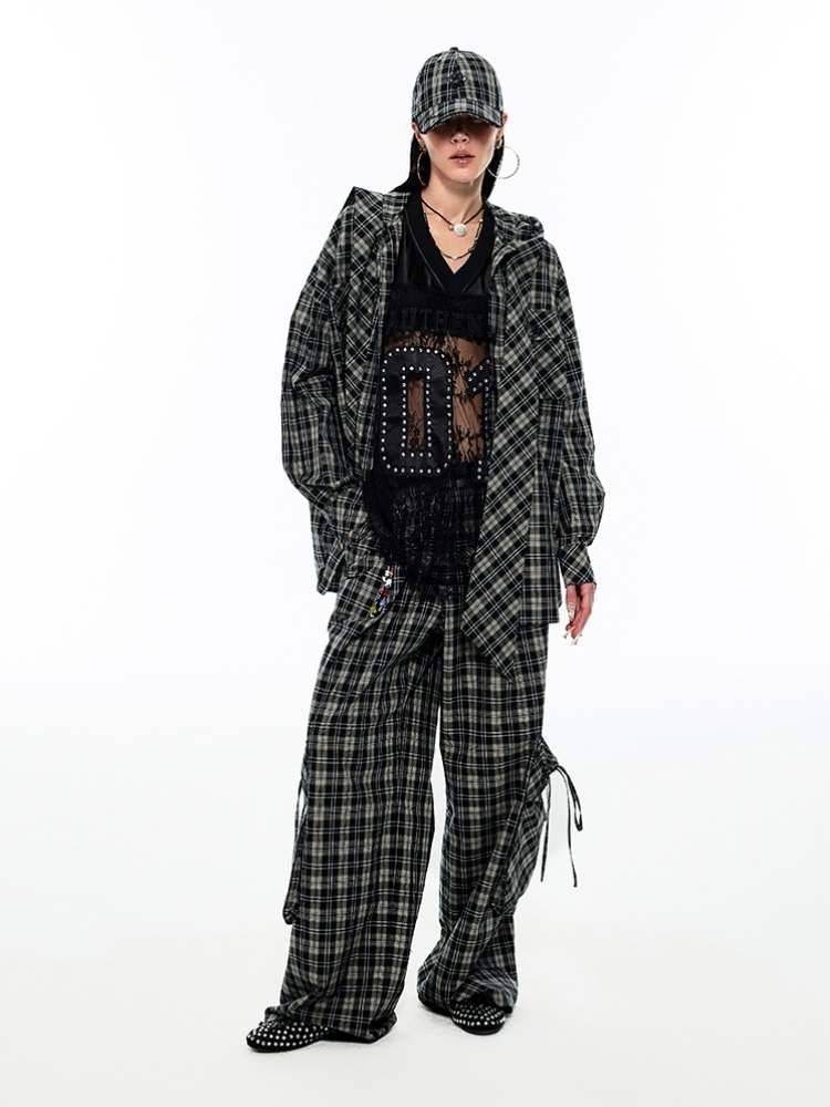 Gradient Plaid Pattern Wide Leg Cargo Pants