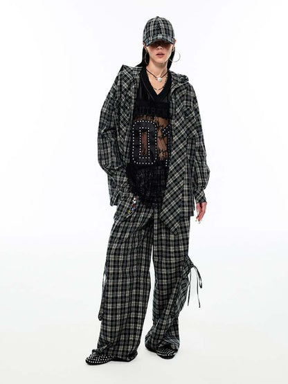 Gradient Plaid Pattern Wide Leg Cargo Pants