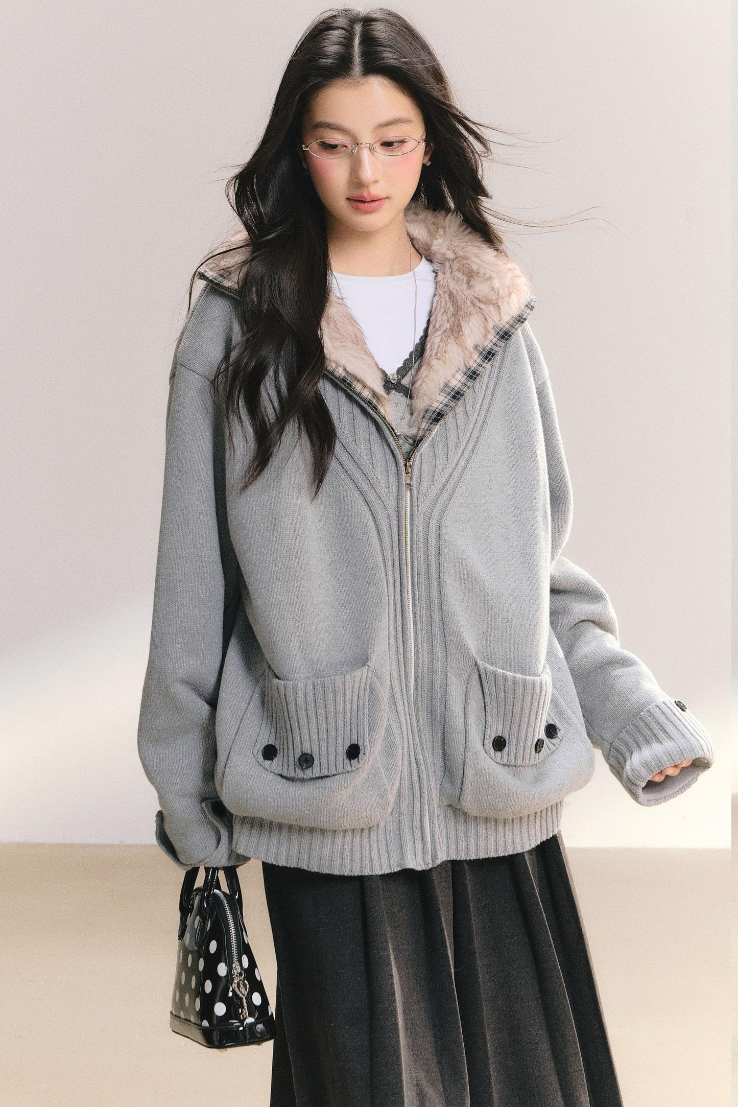 Plaid Patchwork Knit Cardigan