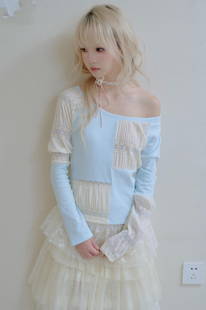 Beige Lace Blue Knit Crew Neck Long Sleeve Top