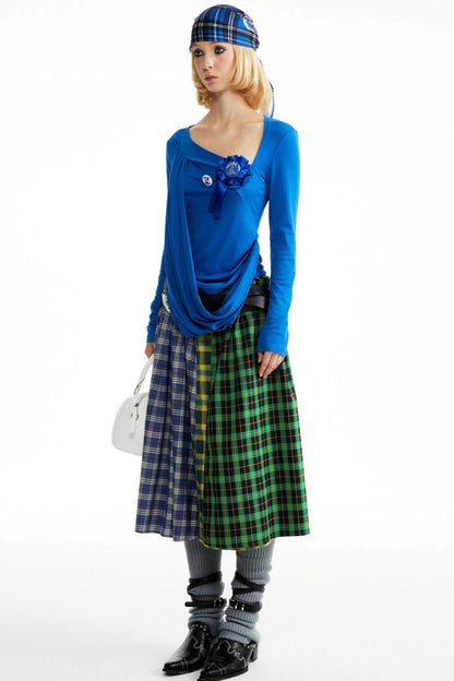 Blue-Green Plaid Pleated Skirt
