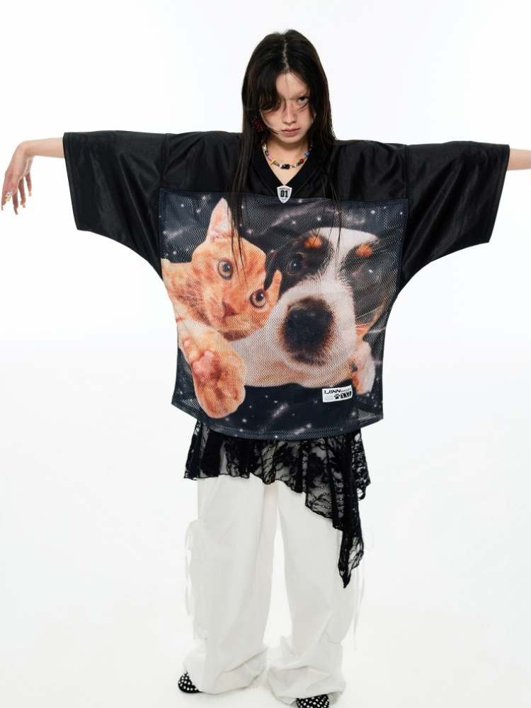 Dog & Cat Print Oversized V-Neck T-Shirt