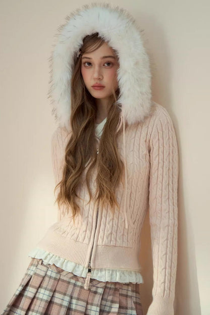 Fur Collar Detachable Knit Jacket