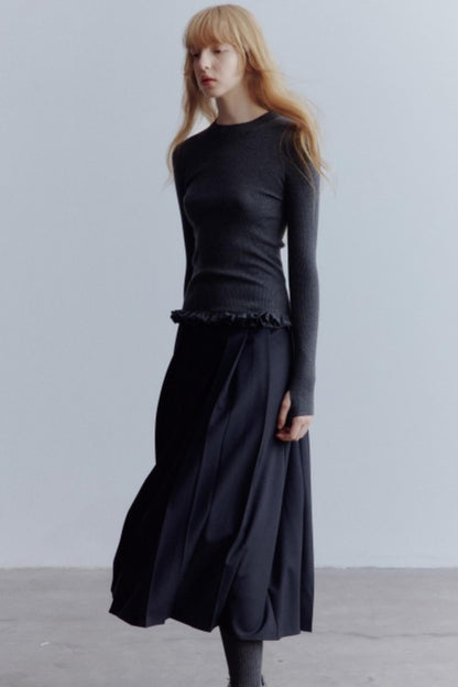 Lime Wool Irregular Pleated Wool Skirt