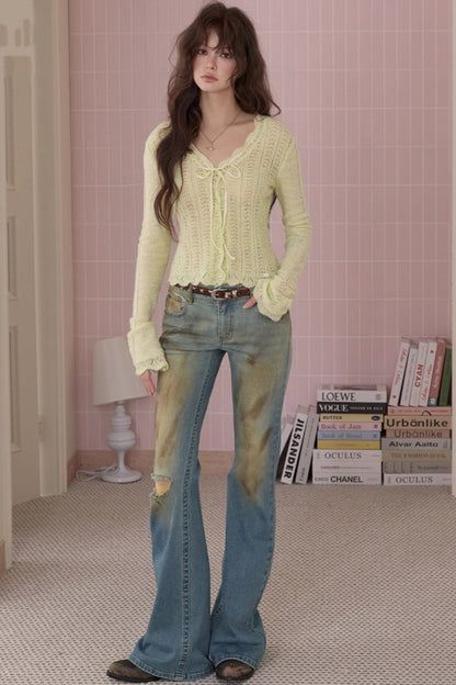 레트로 패션 워싱 데님 팬츠
