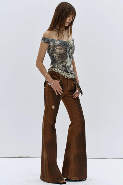 Splash Print Off-Shoulder Casual Top