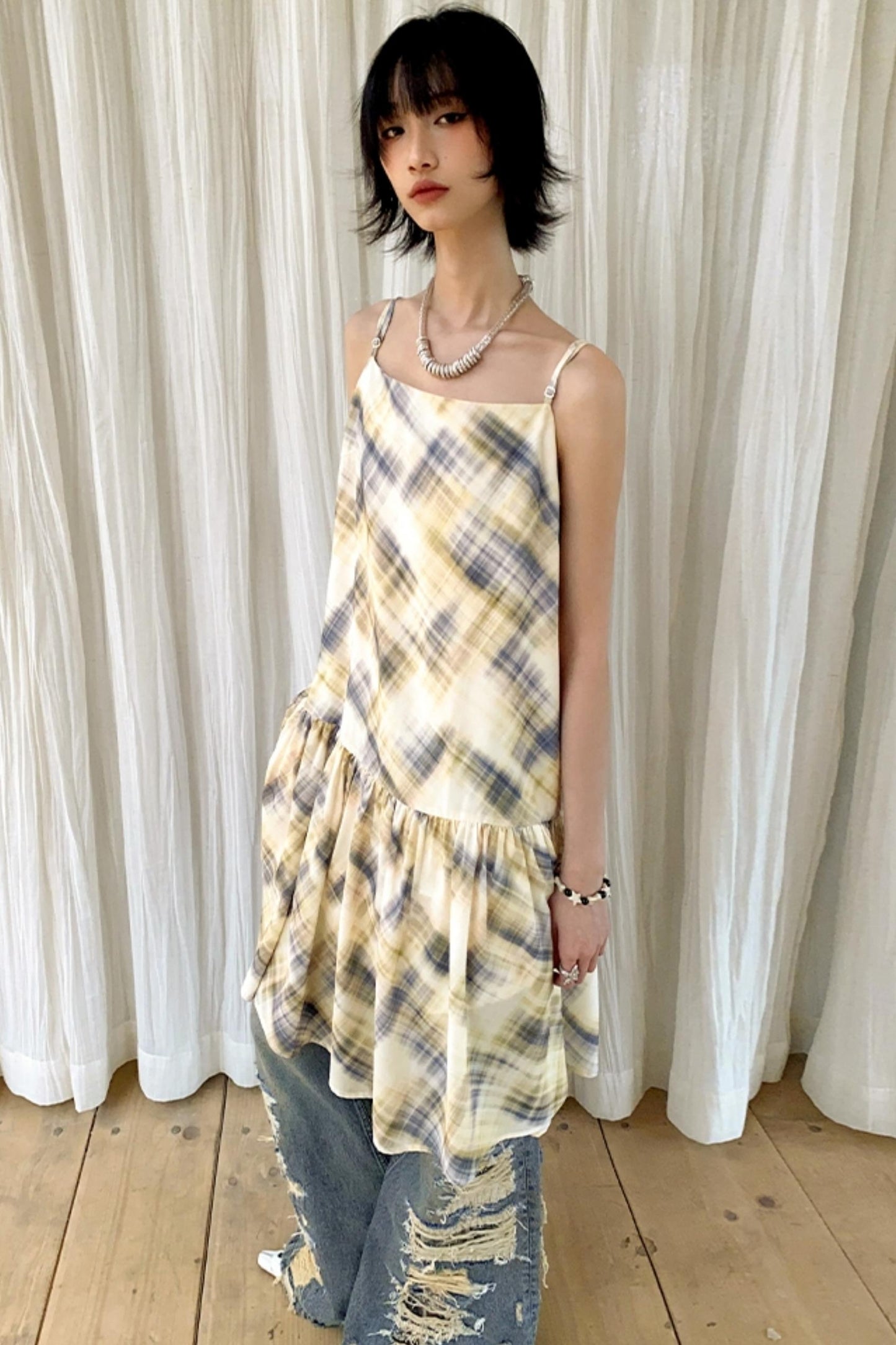 Illusion Plaid Halter Dress