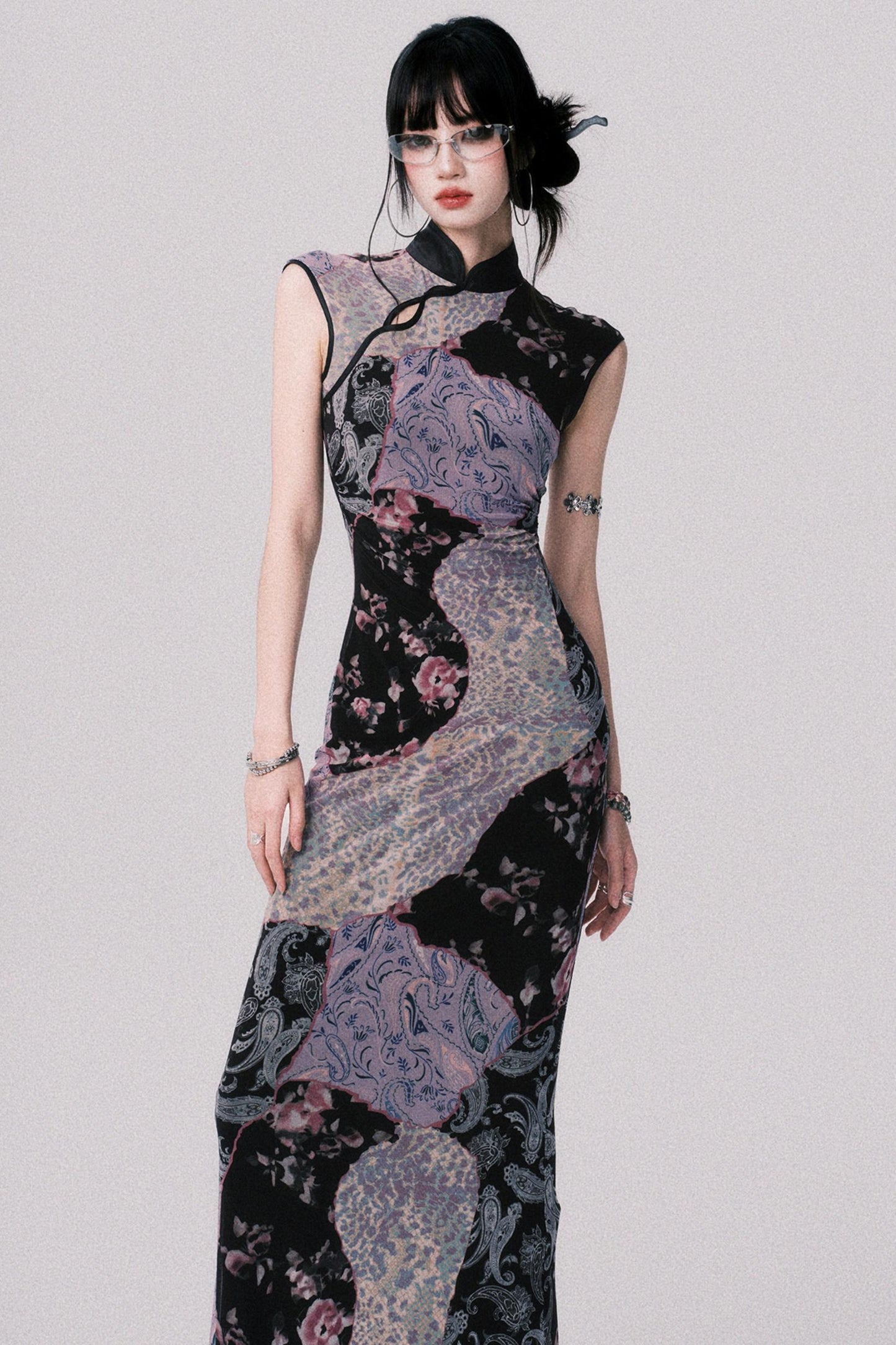 Smokey Purple Color-Blocked Cheongsam Dress
