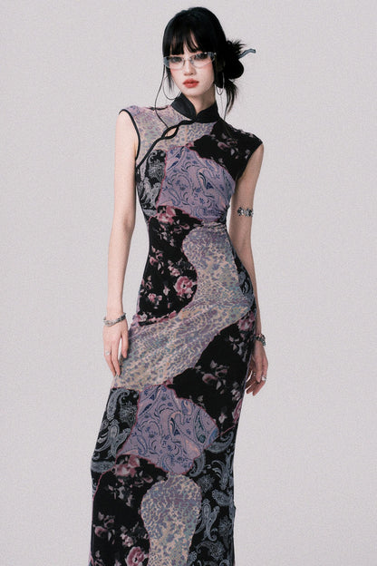 Smokey Purple Color-Blocked Cheongsam Dress