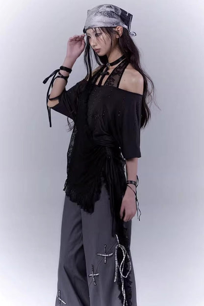 Black Lace-Trimmed Tee