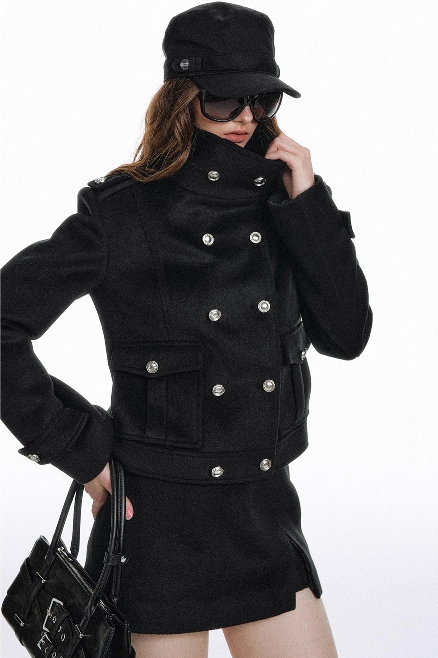 Classic High-Necked Black Woolen Skirt Set-Up