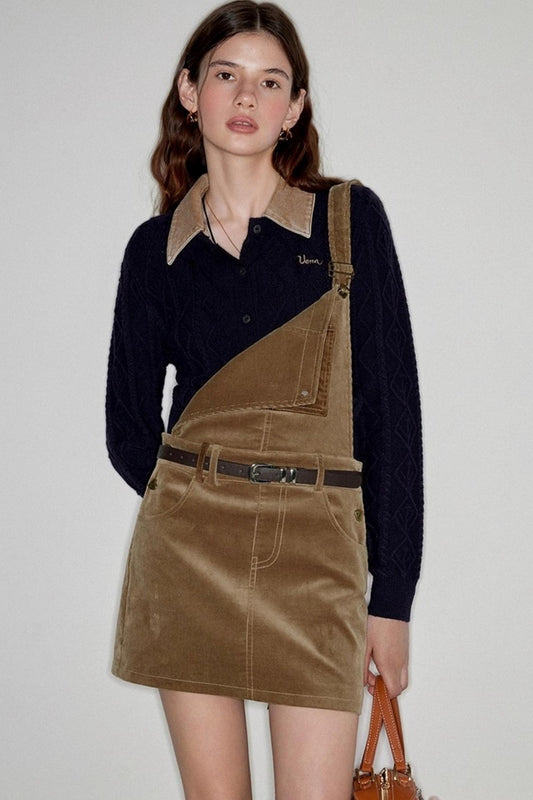 Vintage Bib Multi-Pocket Corduroy Skirt