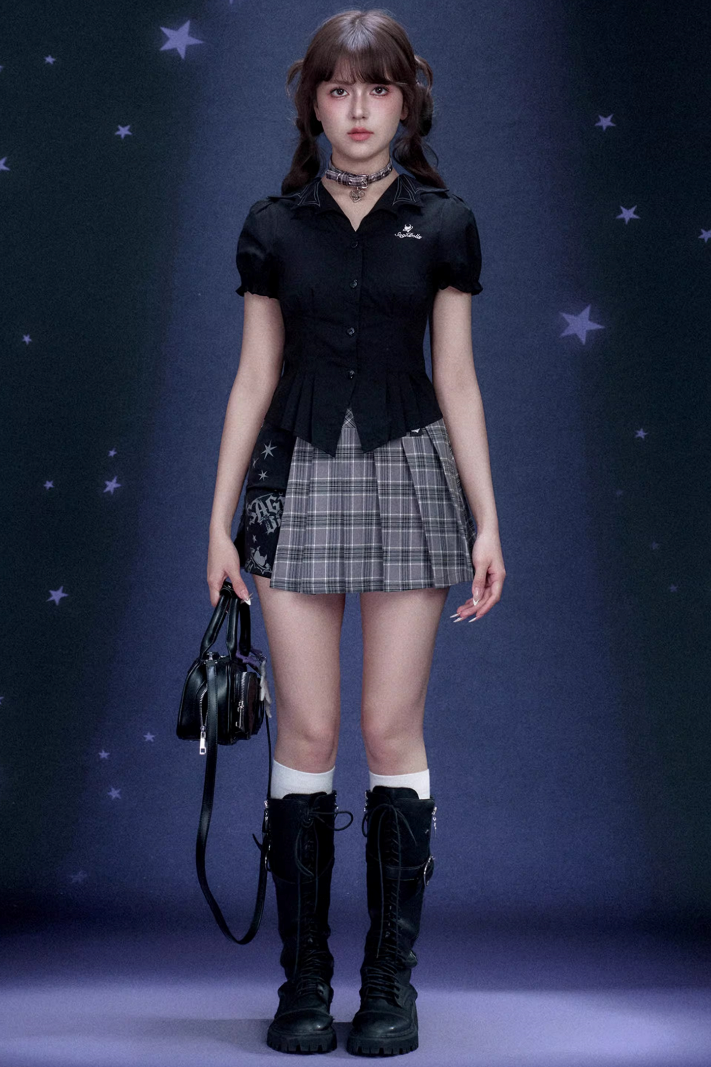 Plaid Graffiti Pleated Skirt Set-Up