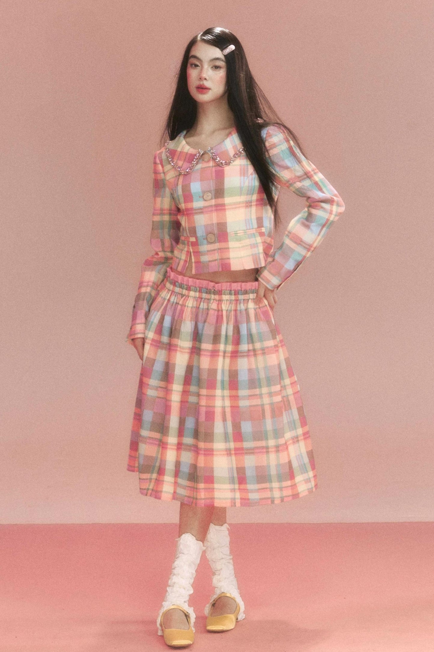 Sweet Vintage Check Jacket And Skirt Set-Up