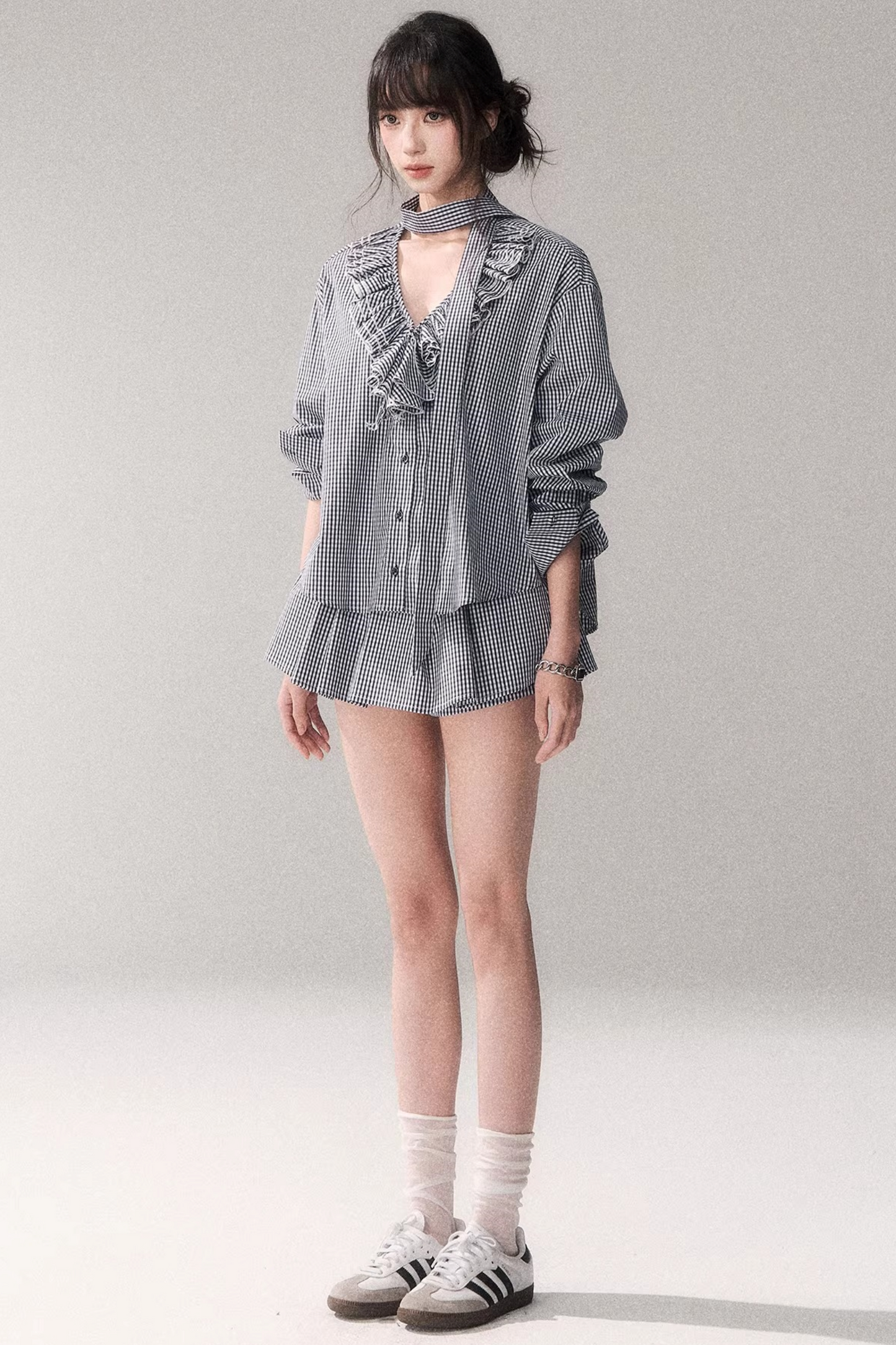 Blue Check Lace Blouse Set-Up