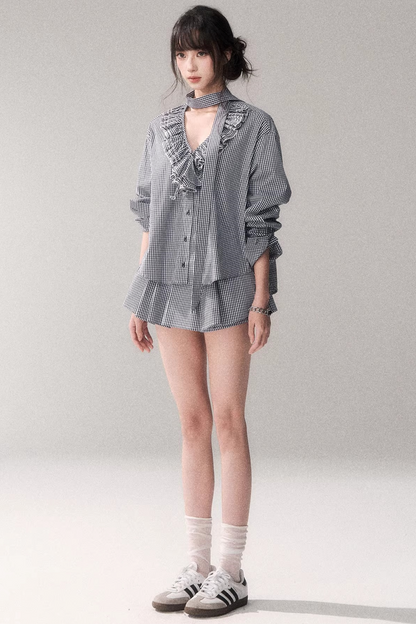 Blue Check Lace Blouse Set-Up