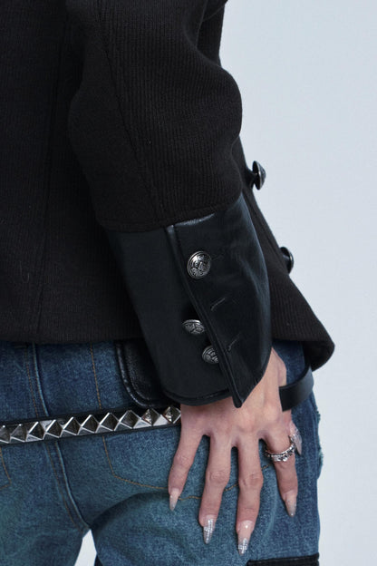 Retro Patchwork Leather Sweater Jacket