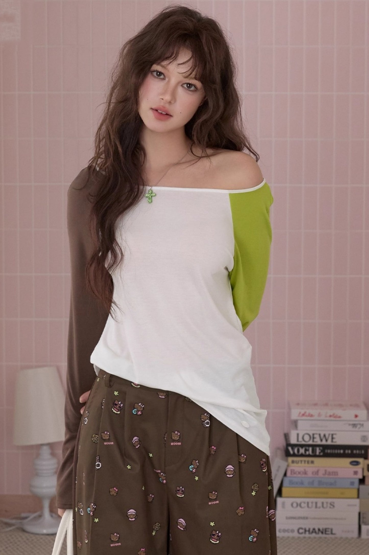 Off-Shoulder Color-Block T-Shirt