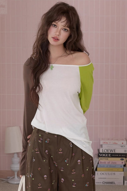 Off-Shoulder Color-Block T-Shirt