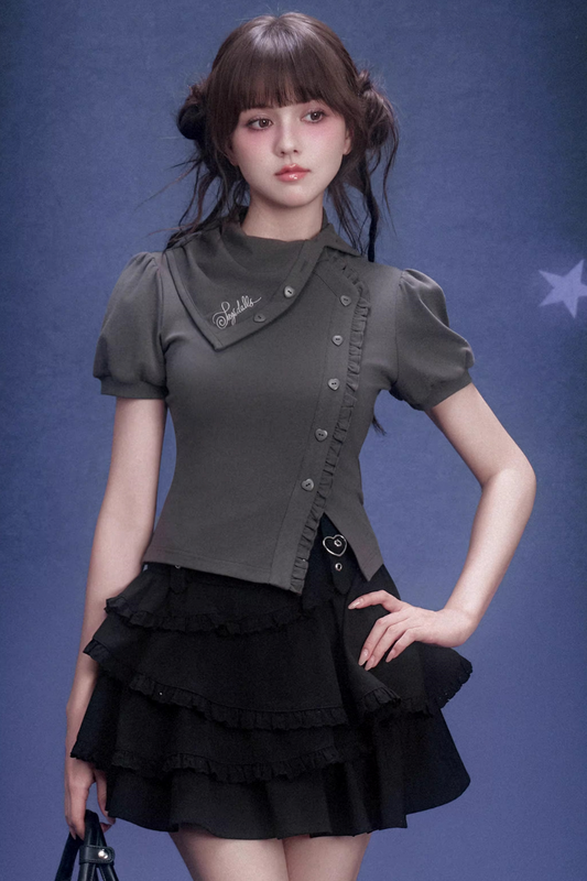 Gray Diagonal Placket Blouse