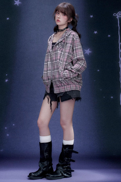 Pink Plaid Hooded Jacket