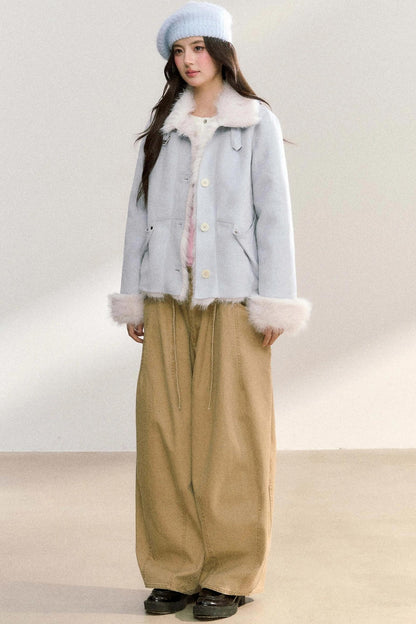 Suede Rivet Fur Collar Lapel Jacket