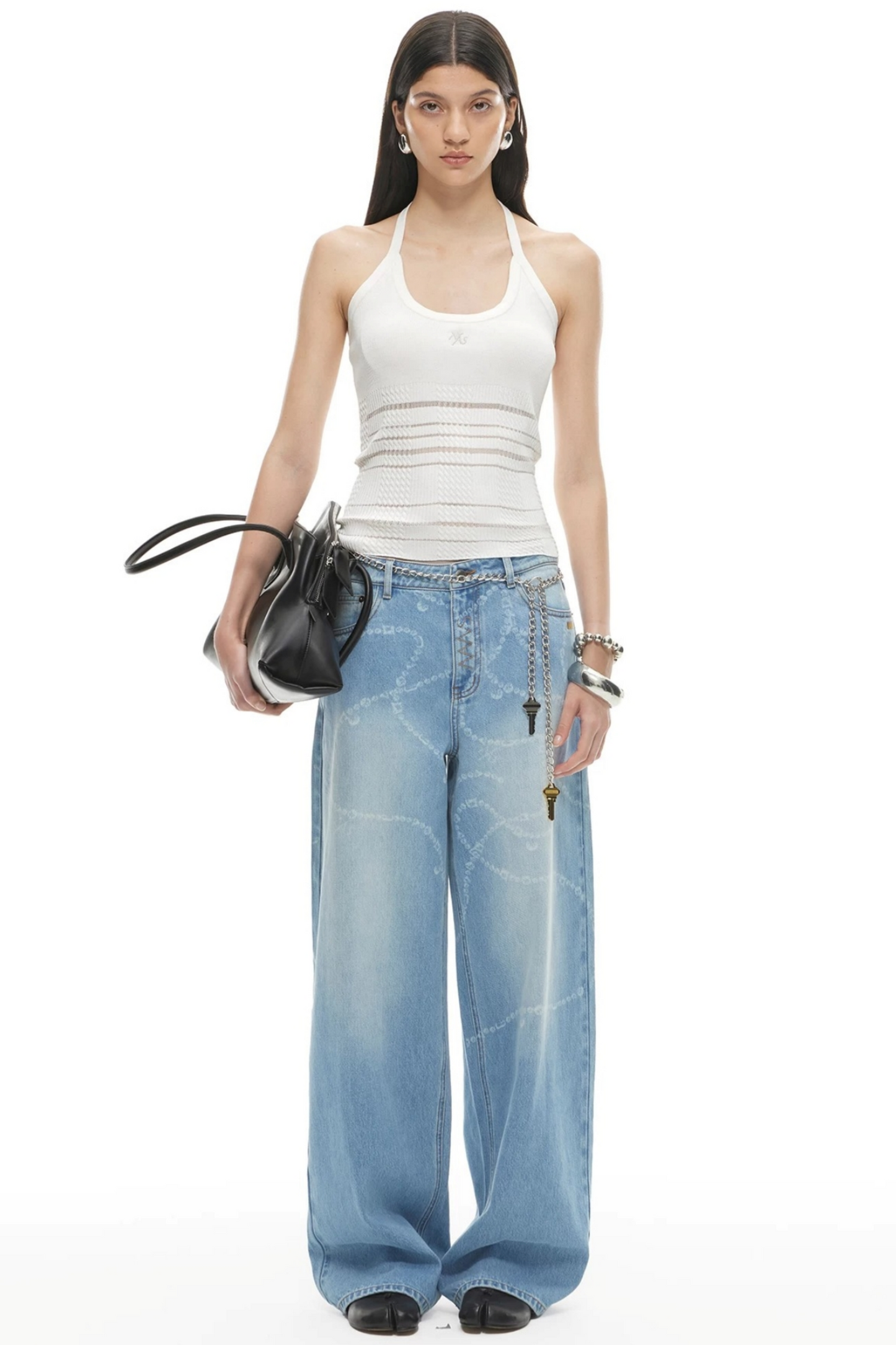 Wide-Leg Diamond Chain Jeans