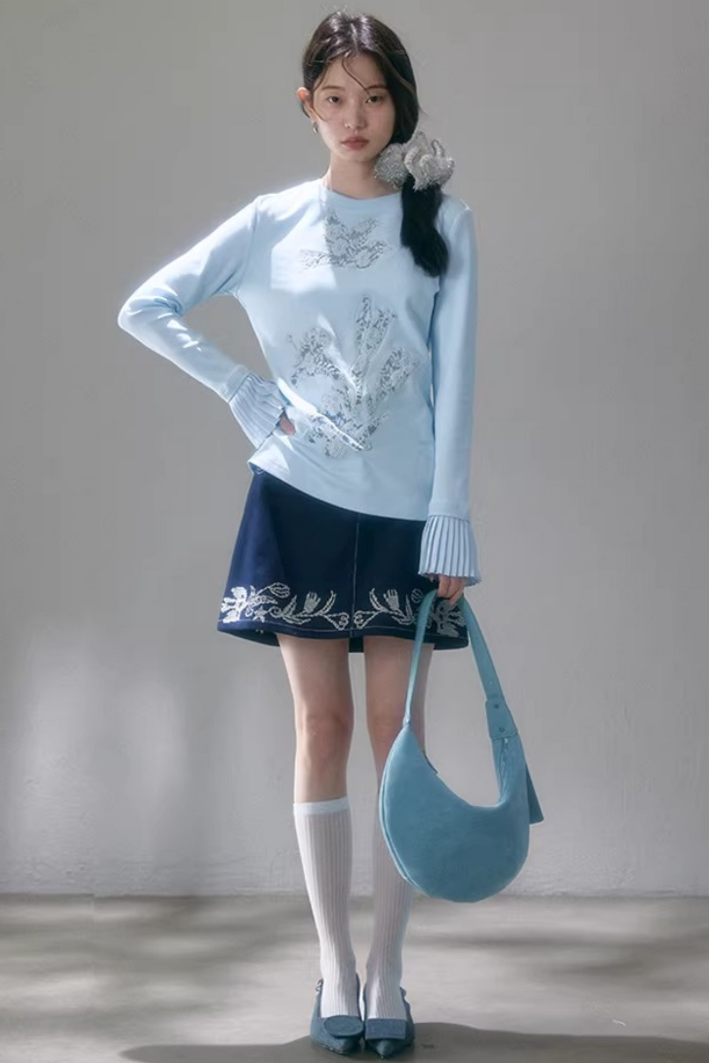 Tulip Embroidery Denim Skirt