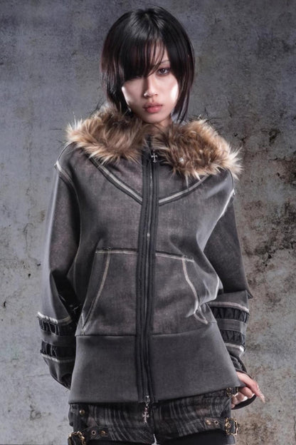 Vintage Lantern Sleeve Hooded Sweatshirt Jacket