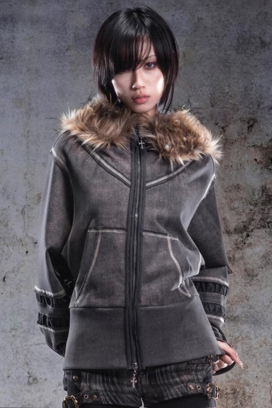 Vintage Lantern Sleeve Hooded Sweatshirt Jacket