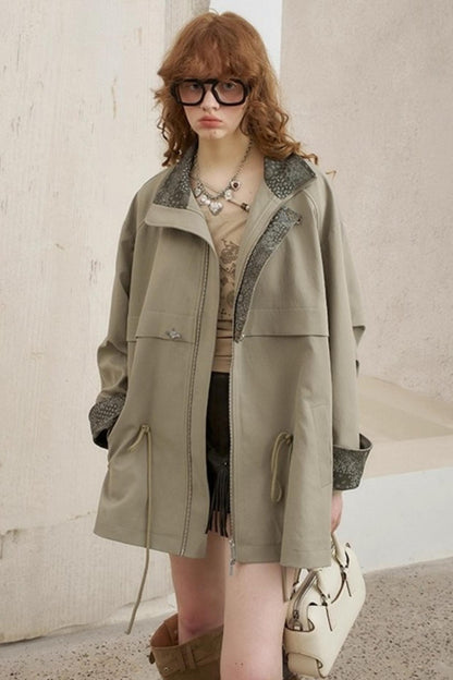 Contrast Windproof Drawstring Midi Trench Coat