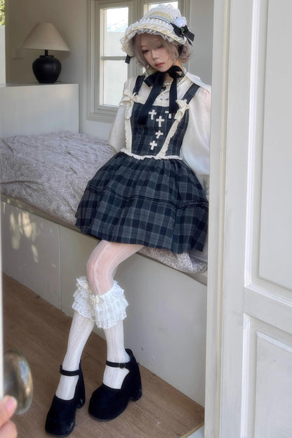 Gray Plaid Waist Cinched Herringbone Lace Bow Tie Dress Set-Up