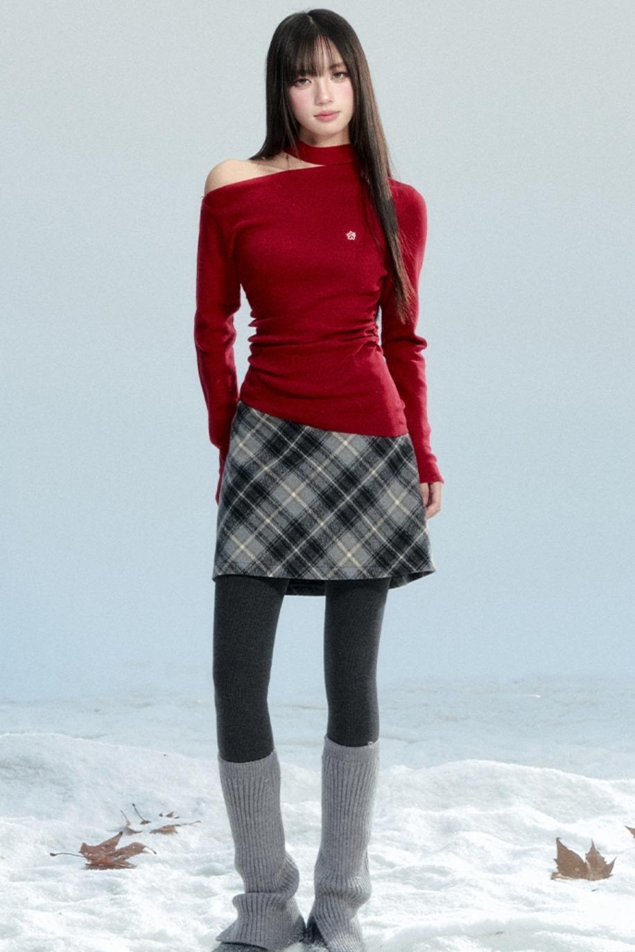 Red Off-Shoulder Knit Top