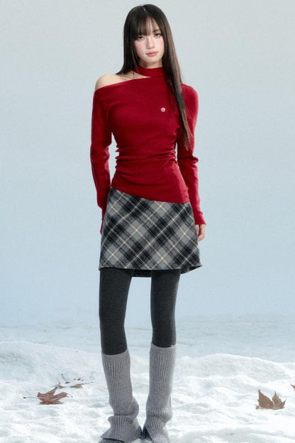 Red Off-Shoulder Knit Top