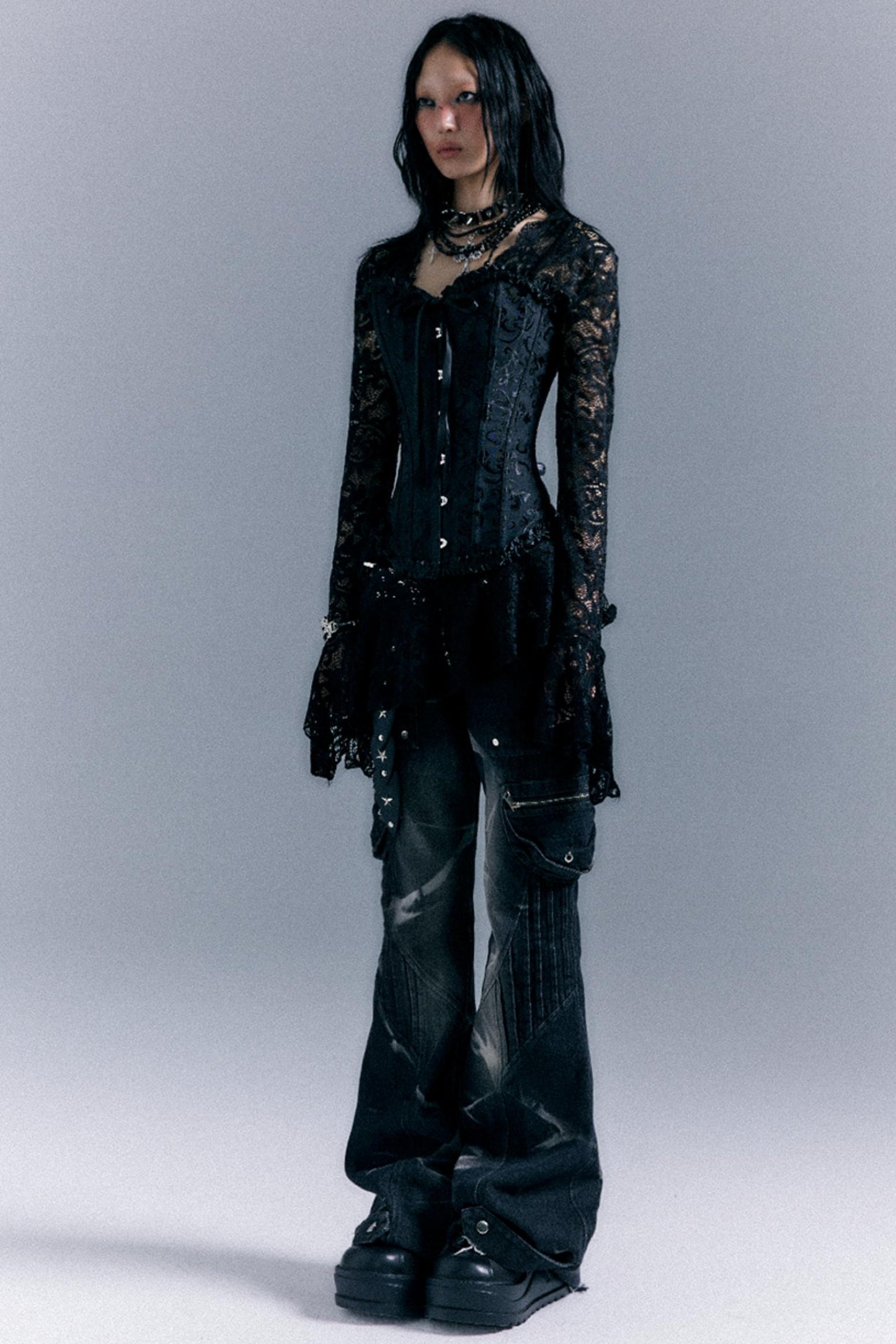 Vintage Studded Denim Flared Pants