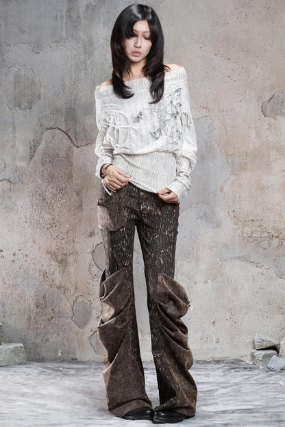 Printed One-Line Collar Knit Top