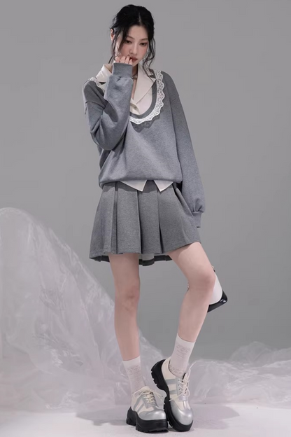 Chenwu Gray Pleated Skirt Sweatshirt Set