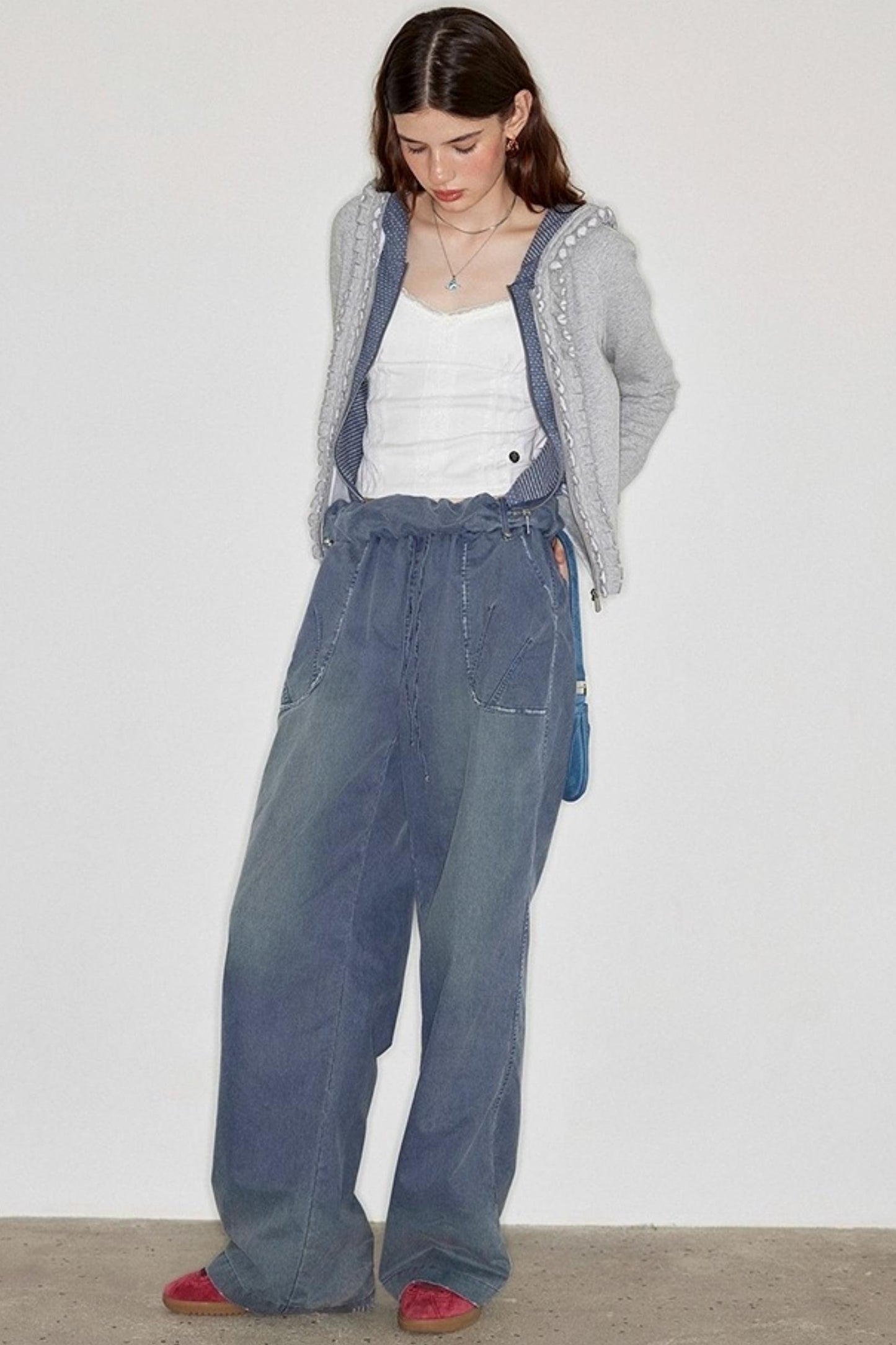 Washed Distressed Cuffed Waist Loose Pants