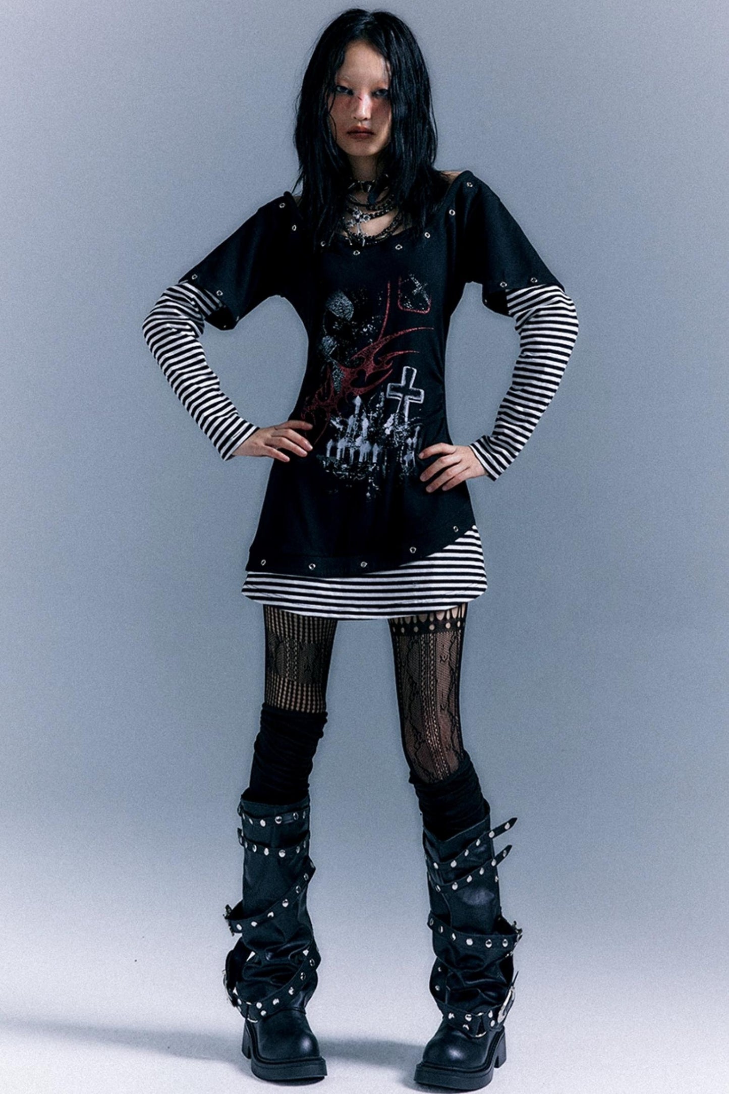 Punk Striped Cinched Waist T-Shirt Dress