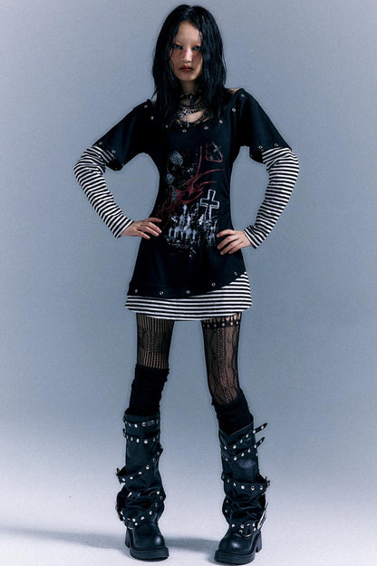 Punk Striped Cinched Waist T-Shirt Dress