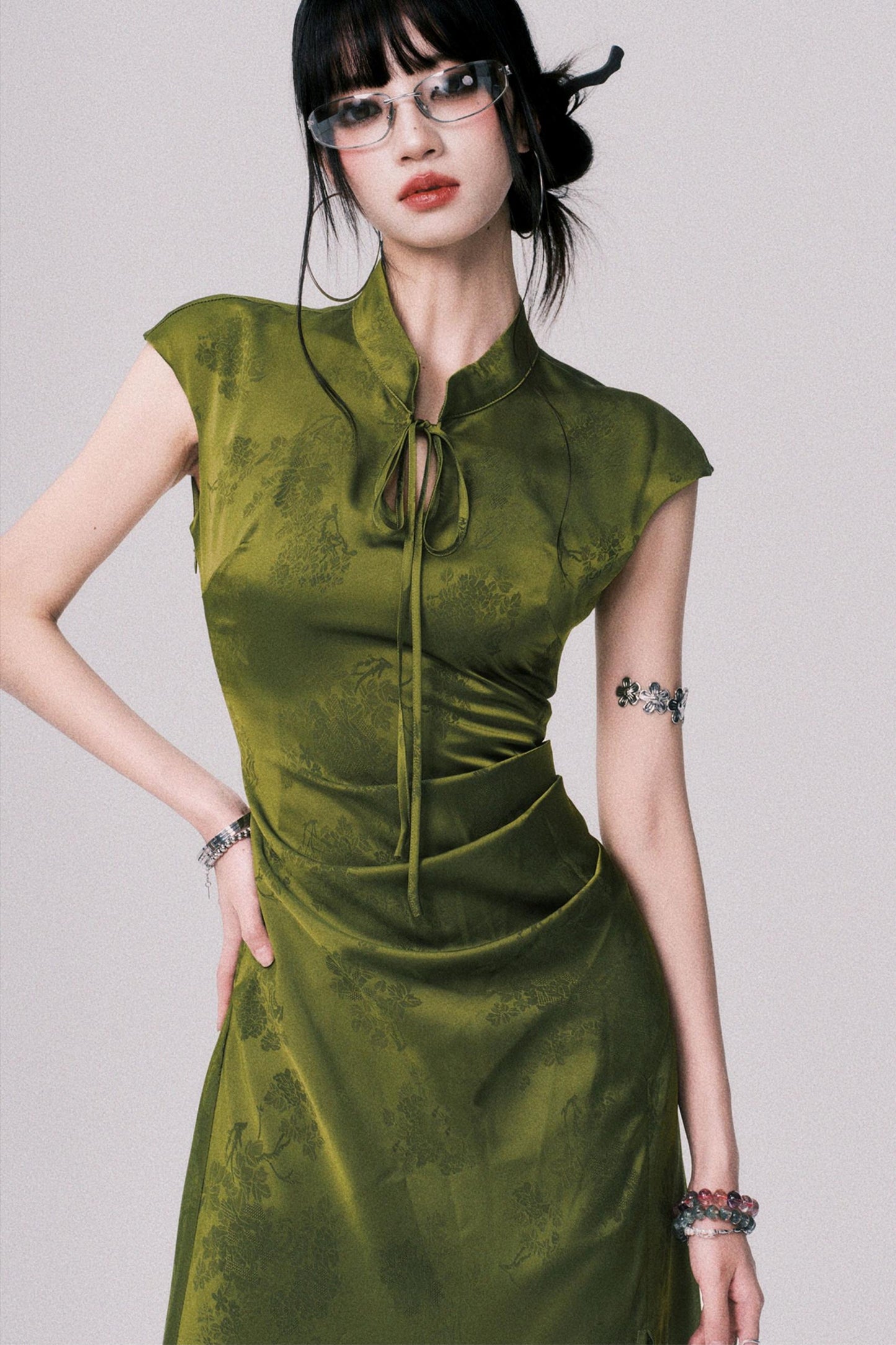 Vintage Moss Green Jacquard Cheongsam Dress