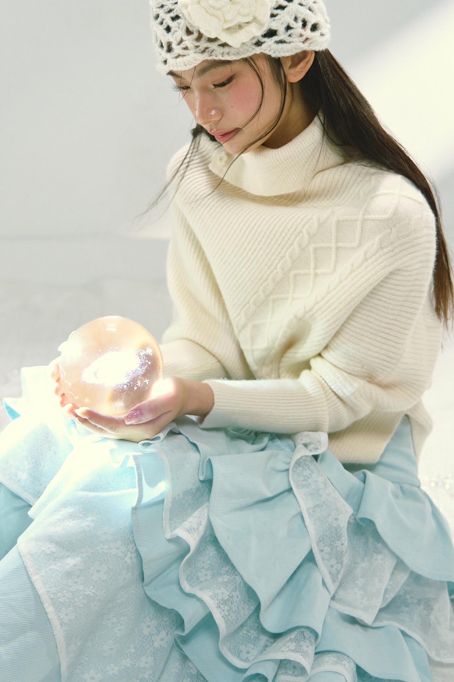 Mint Blue Lace Patchwork Puffy Skirt