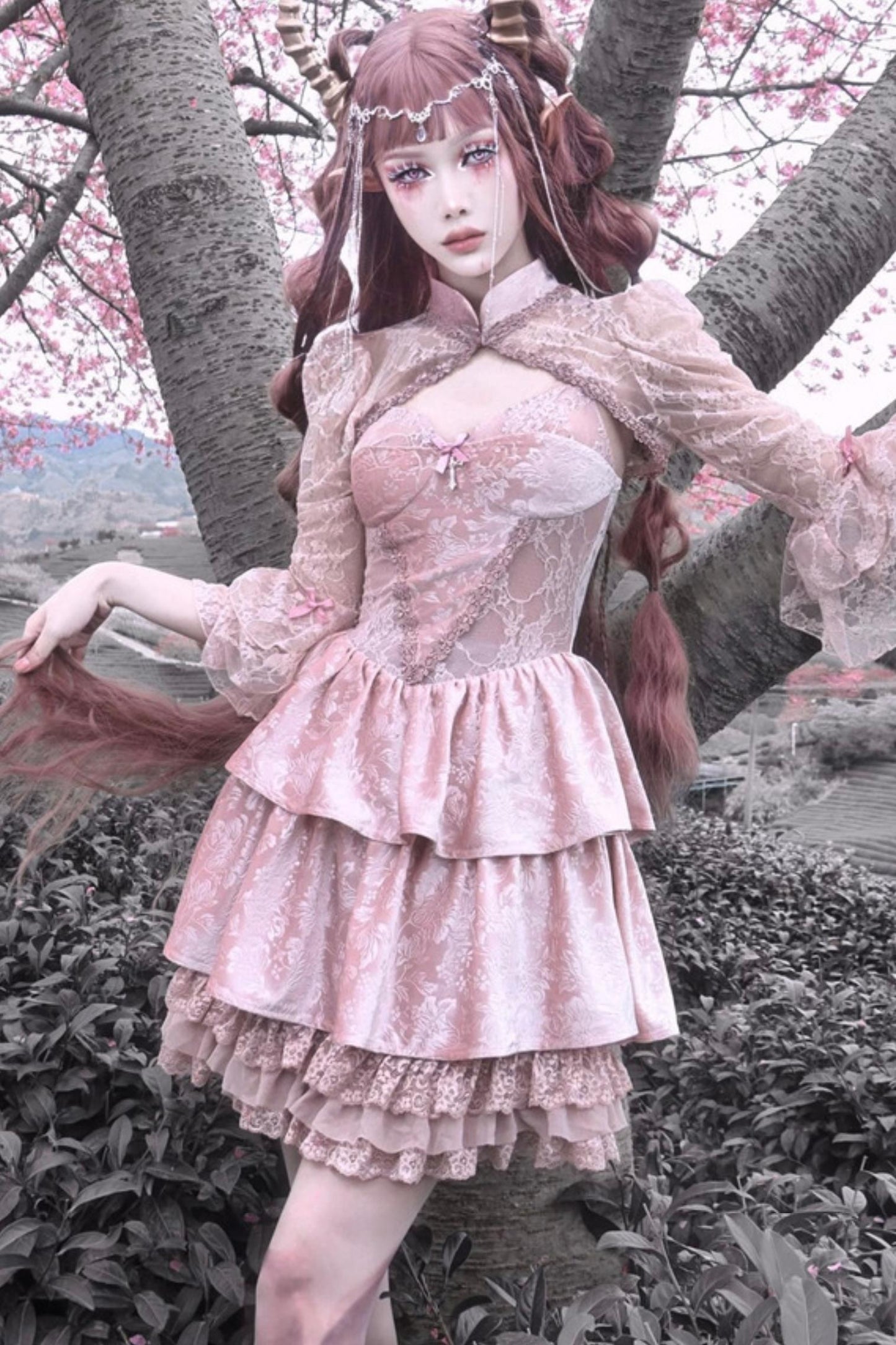 Gothic Lotus Root Pink Strap Dress Set-Up