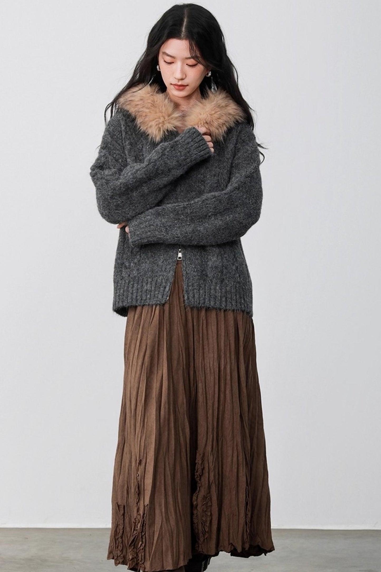 Fog Gray Fur Collar Hooded Jacket