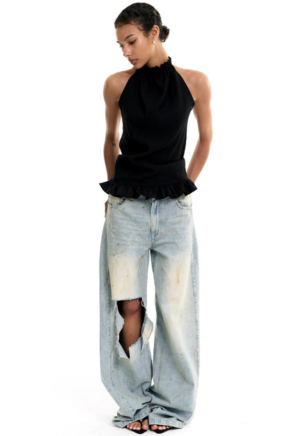 Wool Halterneck Ruffle Camisole Top