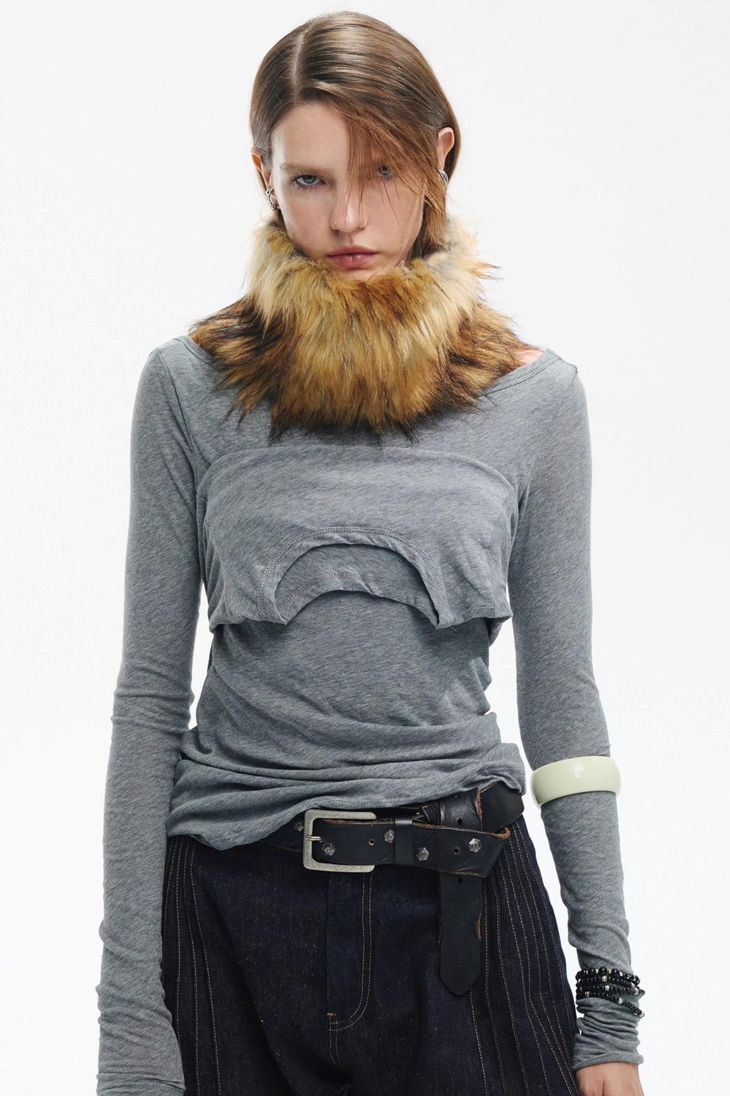 Wool Color-Blocked Fur Scarf