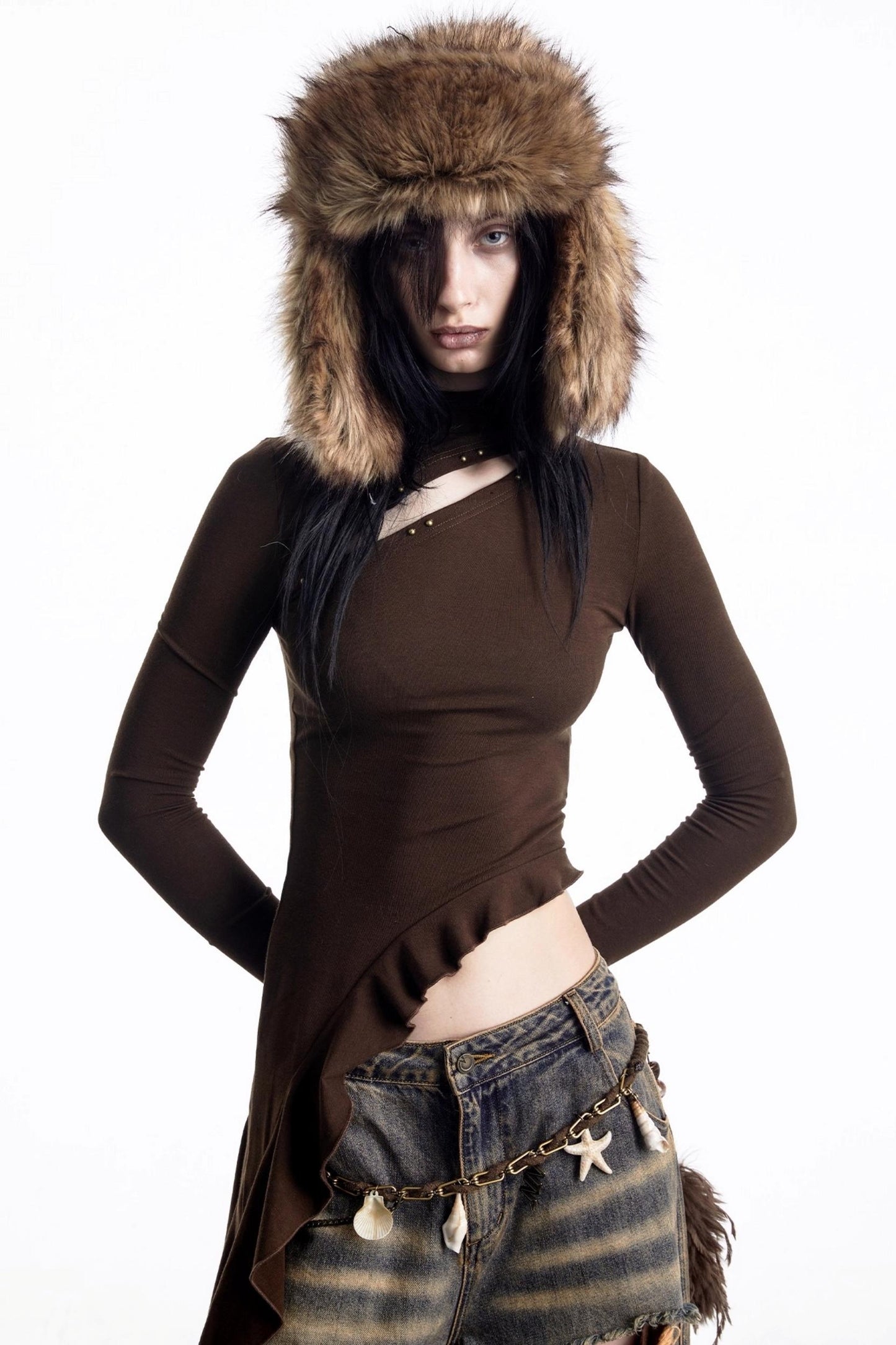 Openwork Rivet Ruffled Knit Top