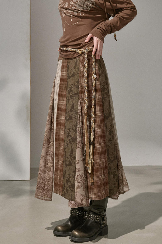 Floral Stitching Brown Skirt