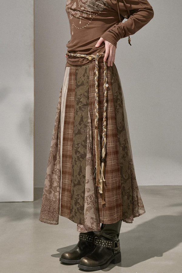 Floral Stitching Brown Skirt