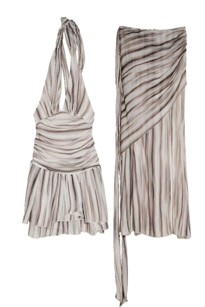 Pleated V-Neck Vest With Skirt Set